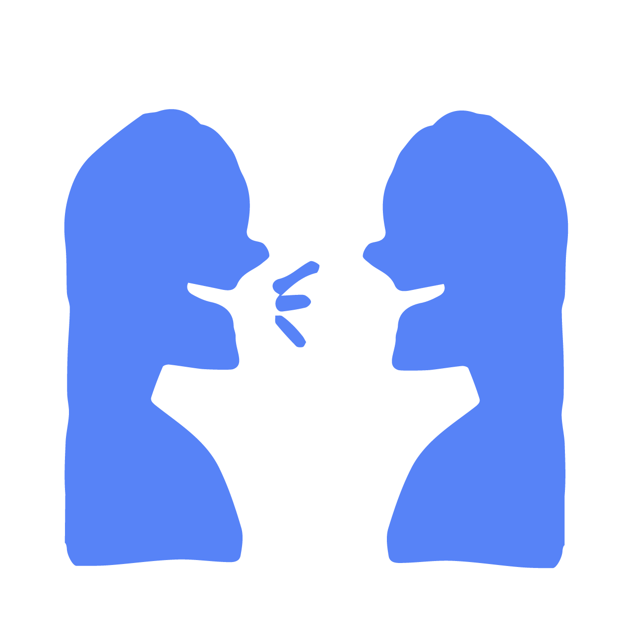 blue drawn icon of two heads facing each other talking